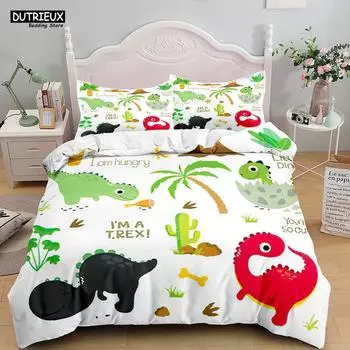 Комплект постельного белья с изображением динозавра, белый, мягкий, пододеяльник, животные, для детей, мальчиков, односпальный, двуспальный, двуспальный, двуспальный, размер «king size», комплект пододеяльников EU single(135x200cm)