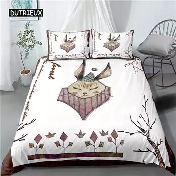 Комплект постельного белья с изображением кролика, белый пасхальный кролик, комплект постельного белья для двоих, полиэстер, тема животных, картон, королева, королева, пододеяльник для детей и девочек EU single(135x200cm)