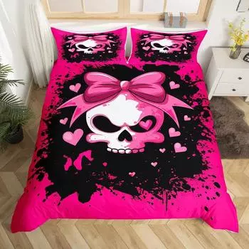 Комплект постельного белья с изображением сахарного черепа, пододеяльник со скелетом для мальчиков и девочек, розовый бант, покрывало для одеяла на тему Хэллоуина 70x133cm 2pcs