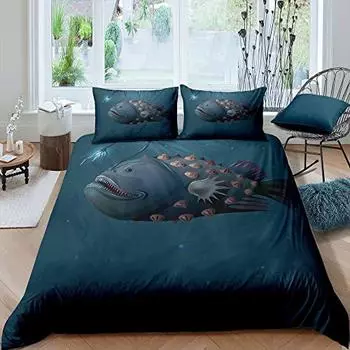 Комплект постельного белья с изображением рыб и глубоководных рыболовов, комплект постельного белья из 3 предметов, стеганые одеяла с изображением подводных животных, мягкие полиэстеровые одеяла US Queen(228x228cm)