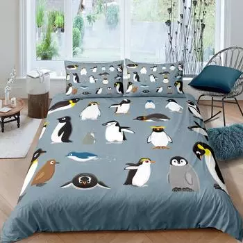 Комплект постельного белья с изображением пингвина, животные Антарктики, комплект постельного белья для детей, мальчиков и девочек, мультяшный стиль, королевский размер, зимний мотив, одеяло, покрывало EU single(135x200cm)