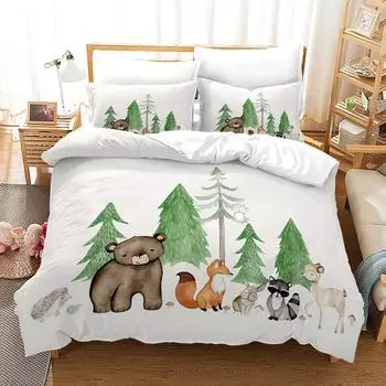 Комплект постельного белья с изображением мультяшных животных из северного леса и 3D-принтом, пододеяльник, наволочка, двуспальная кровать, двуспальная кровать, детское постельное белье, подарок для детей EU single(135x200cm)