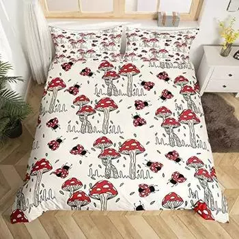 Комплект постельного белья с изображением диких грибов, размер King, комплект постельного белья с милой божьей коровкой, 3 шт., детский, подростковый, деревенский, нарисованный вручную, покрывало, декор комнаты EU Single 135x200cm