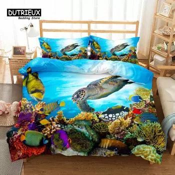 Комплект постельного белья с изображением морских животных 3D и красочной черепахи, модный комплект постельного белья, мягкий, удобный, дышащий пододеяльник EU single(135x200cm)