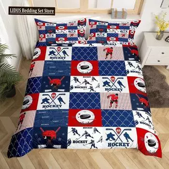 Комплект постельного белья с изображением хоккея на льду, комплект постельного белья с геометрическим рисунком в стиле пэчворк, комплект постельного белья для занятий зимними видами спорта EU Single 135x200cm