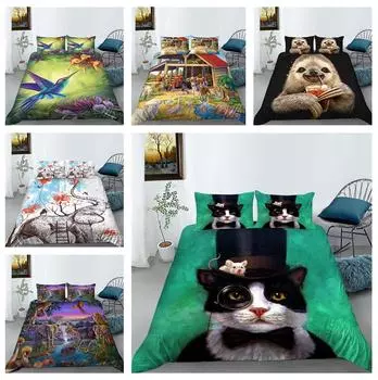 Комплект постельного белья с изображением животных, напечатанный на 3D-принтере, двуспальная кровать, пододеяльник, наволочка, 2/3 шт., быстросохнущее покрывало, роскошное покрывало, домашний текстиль Baby 100x135cm