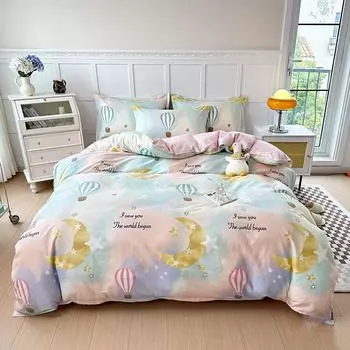 Комплект постельного белья с изображением воздушного шара и луны, хлопковый, приятный для кожи, пододеяльник на молнии и 2 наволочки, комплект постельного белья Queen из 3 предметов 120x200cm Single 3Pc