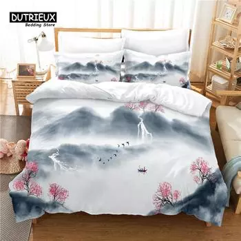 Комплект постельного белья с китайской росписью кистью, комплект из 3 пододеяльников, мягкий, удобный, дышащий пододеяльник, для декора спальни и гостевой комнаты EU single(135x200cm)