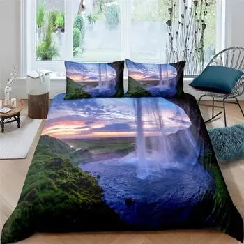 Комплект постельного белья с красивым пейзажем, покрывало с цветочными деревьями, пододеяльник с наволочкой, 2/3 шт., постельное белье размера «king-size», полиэстер, пододеяльник 70x133cm 2pcs