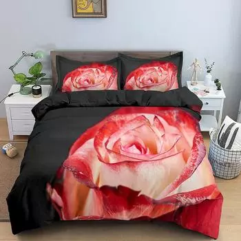 Комплект постельного белья с красной розой, 3D-принт, романтическая тема, подарок на День святого Валентина, полиэстеровый пододеяльник с наволочкой размера King Queen 70x133cm 2pcs