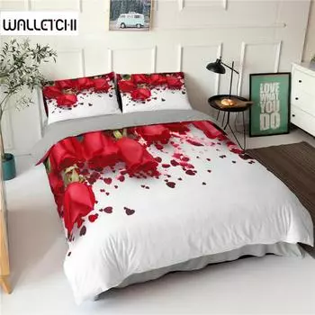 Комплект постельного белья с красными розами из микрофибры Queen с цветочными лепестками и ботаническим узором для двоих, романтический комплект постельного белья с цветами и ко Дню святого Валентина EU single(135x200cm)