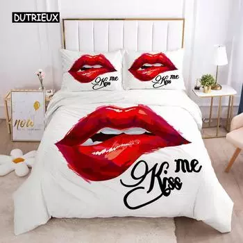 Комплект постельного белья с красными губами Queen Polyester Love Twin Комплект постельного белья Sexy Tema Adult Couple Покрывало для пододеяльника 3D Kiss Marks Покрывало для пододеяльника EU single(135x200cm)