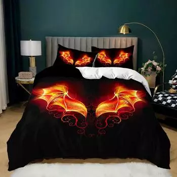 Комплект постельного белья с крыльями ангела, черный фон, ярко-оранжевый, с 3D-принтом, одеяло, размер King Queen, комплект постельного белья из полиэстера 70x133cm 2pcs
