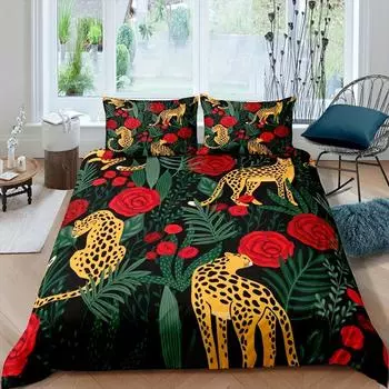 Комплект постельного белья с леопардовым принтом из 2/3 предметов, пододеяльник с тропическими листьями и цветочным принтом (Пододеяльник+наволочка) Чехол на одеяло с изображением животных и растений 90X200cm 2PCS