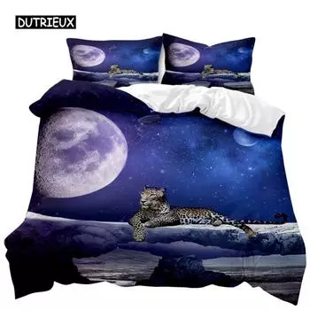 Комплект постельного белья с леопардовым принтом, комплект постельного белья с изображением дикого гепарда и луны, двуспальный королевский размер, полиэстеровый пододеяльник EU single(135x200cm)