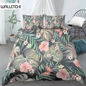 Комплект постельного белья с листьями и цветами, большой размер, розовый, с принтом пальмовых листьев и цветов, пододеяльник для девочки и мальчика, комплект постельного белья из полиэстера 2/3 шт. EU single(135x200cm)