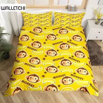 Комплект постельного белья с милой обезьянкой, двойной, с рисунком банана, звезд, пододеяльник с изображением тропических диких животных и фруктов, желтый пододеяльник EU Single(135x200cm)