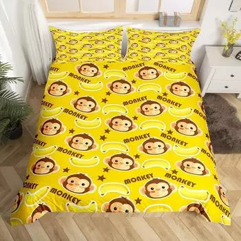 Комплект постельного белья с милой обезьянкой, двойной, с рисунком банана, звезд, пододеяльник с изображением тропических диких животных и фруктов, желтый пододеяльник EU single(135x200cm)