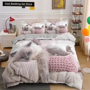 Комплект постельного белья с милым котом, 3D-набор пододеяльников, односпальный, двуспальный, односпальный, полный размер, подростковое, взрослое постельное белье, мягкое постельное белье из полиэстера для ребенка EU single(135x200cm)