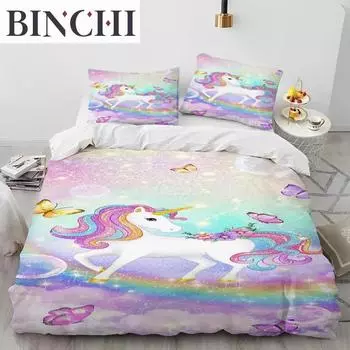 Комплект постельного белья с милым рисунком единорога, пододеяльник, наволочка, комплект постельного белья Queen 70x133cm 2pcs