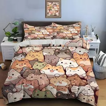 Комплект постельного белья с милым принтом мультяшных котов, пододеяльник, 1 пододеяльник, 2 наволочки, комплект постельного белья для взрослых и детей, роскошный комплект одеяла EU single(135x200cm)