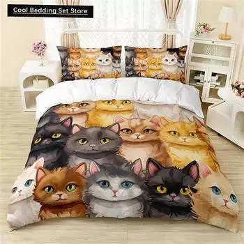 Комплект постельного белья с милым мультяшным котенком на все сезоны, мягкий, удобный и дышащий пододеяльник 1*пододеяльник + 2*наволочки EU single(135x200cm)