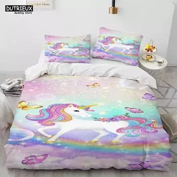 Комплект постельного белья с милым рисунком единорога, пододеяльник, наволочка, комплект постельного белья Queen 70x133cm 2pcs