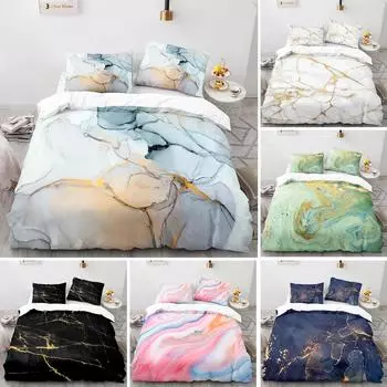 Комплект постельного белья с мраморным пододеяльником размера King-Queen, белый, золотой, с абстрактной текстурой мрамора, с абстрактным полиэстеровым наволочкой 70x133cm 2pcs