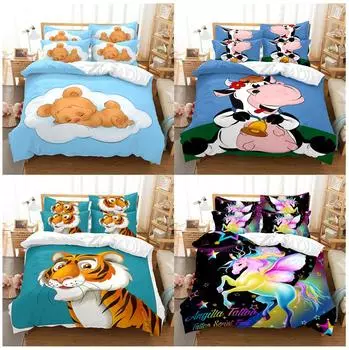 Комплект постельного белья с мультяшными животными, постельное белье для спальни, одеяло и наволочка, двуспальная кровать/двуспальная кровать, полный размер, AU/EU/US Baby 100x135cm