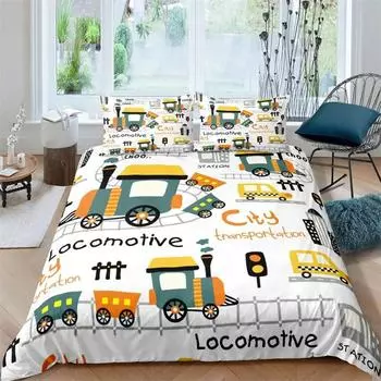 Комплект постельного белья с мультяшным поездом, 2/3 шт., пододеяльник, игрушечная машинка, грузовик, мягкое одеяло, односпальное одеяло размера Queen King, полиэстеровое одеяло 135X200cm-2pcs