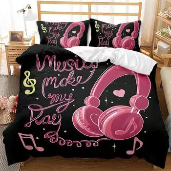 Комплект постельного белья с наушниками и рок-музыкой, мелодия, ноты, розовый комплект постельного белья из полиэстера для мальчика и девочки, размер King Size 70x133cm 2pcs