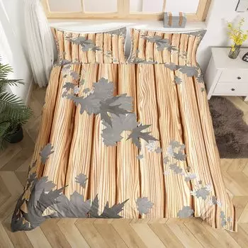 Комплект постельного белья с осенними кленовыми листьями, тема «Счастливая осень», пододеяльник в деревенском стиле, дышащий, серый, с диагональными листьями, мягкий пододеяльник EU Single(135x200cm)