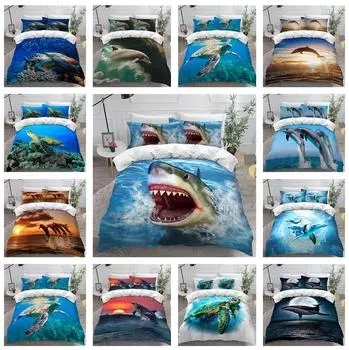 Комплект постельного белья с подводными животными для спальни, детский пододеяльник, наволочка, двуспальная кровать, полноразмерное покрывало, моющаяся молния, удобное украшение для дома Baby 100x135cm