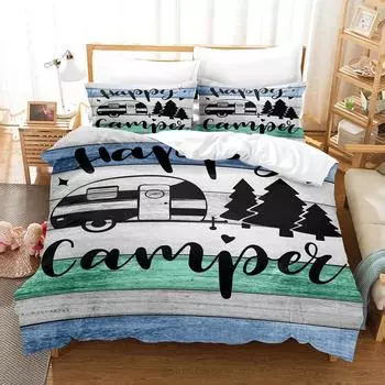 Комплект постельного белья с принтом Happy Camper из 3 предметов, подходит для подростков и взрослых, для кемпинга, 1 пододеяльник + 2 наволочки EU Twin(135x200cm)
