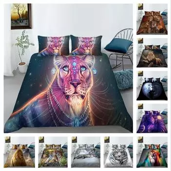 Комплект постельного белья с принтом «Свирепый тигр», полноразмерная двуспальная кровать, пододеяльник с рисунком льва, супермягкое и дышащее постельное белье на молнии DE 100x135cm