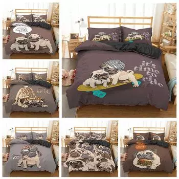 Комплект постельного белья с принтом собаки Мопса, 3 предмета, пододеяльник и наволочка, подарок, милый мультфильм Single 135x200cm