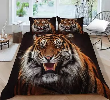 Комплект постельного белья с принтом свирепого тигра в виде пухового одеяла с черным фоном, стираная микрофибра, 2 / 3 комплекта пухового одеяла, комплект постельного белья UK Single 135x200cm