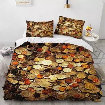 Комплект постельного белья с принтом «Деньги» и «Золотые монеты», мягкий, удобный, двуспальный, размера «king-size», для подростков и взрослых 70x133cm 2pcs