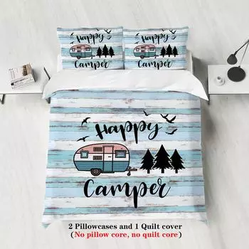 Комплект постельного белья с принтом Happy Camper из 3 предметов, подходит для подростков и взрослых, для кемпинга, 1 пододеяльник + 2 наволочки Eu Single 135x200cm