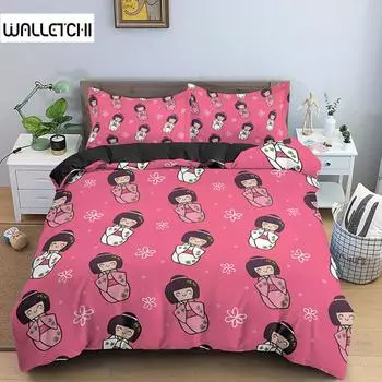 Комплект постельного белья с японской куклой в кимоно «Король» с рисунком «Сакура» Комплект постельного белья из микрофибры в японском стиле «кавайи» EU single(135x200cm)