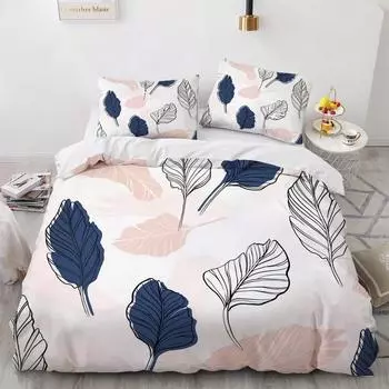 Комплект постельного белья с растительным принтом King Size, темно-синий, розовый, с рисунком листьев, шикарный, мягкий, на все времена года, полиэстеровый пододеяльник 70x133cm 2pcs