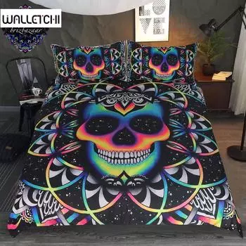 Комплект постельного белья с разноцветным черепом, черное неоновое покрывало со скелетом, 3 предмета, пододеяльник в стиле галактики, готическое покрывало EU single(135x200cm)