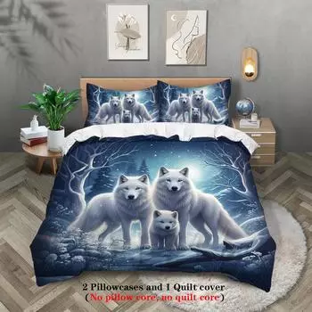 Комплект постельного белья с рисунком волчьей семьи, 3 предмета, 1*пододеяльник+2*наволочки, для односпальной кровати, спальни подростков и взрослых, домашнее украшение 135x200cm-EU-Single