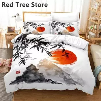 Комплект постельного белья с рисунком в китайском стиле, пододеяльник с 3d принтом и наволочкой, чернила и цветочный дизайн, бамбуковый дизайн, домашний текстиль Eu Single 135x200cm