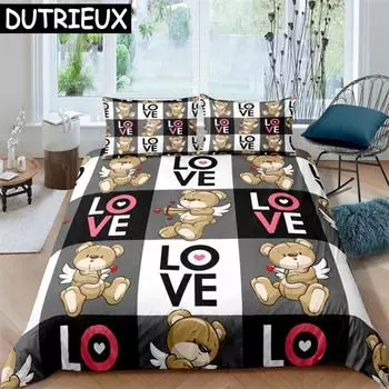 Комплект постельного белья с рисунком плюшевого мишки, простое покрывало, наволочка, мультяшный домашний текстиль, украшение для детской и взрослой спальни EU single(135x200cm)