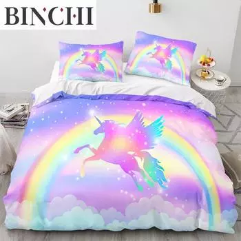 Комплект постельного белья с рисунком радужного единорога, комплекты с единорогом, односпальный, двуспальный, двуспальный, односпальный, полный размер, пододеяльник, детский, для девочек, мягкое постельное белье EU single(135x200cm)