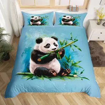 Комплект постельного белья с рисунком панды, двойной, зеленые листья, пододеяльник с изображением диких животных и растений, синий, масляная живопись, художественный пододеяльник EU Single(135x200cm)