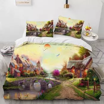 Комплект постельного белья с рисунком «Красивый пейзаж» с изображением солнца, озера и моста, полиэстеровое одеяло для ребенка, мальчика, девочки, комплект постельного белья для художника, размер King 70x133cm 2pcs