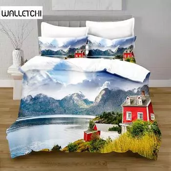 Комплект постельного белья с рисунком «Озеро» из микрофибры, комплект постельного белья с рисунком «Природный пейзаж», узор «Горный красный дом», размер King Size, мягкий, 2/3 шт., пододеяльник EU single(135x200cm)