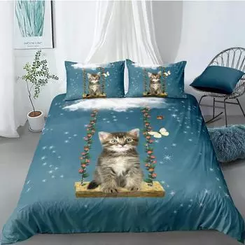 Комплект постельного белья с рисунком кошки для питомца Комплект постельного белья с милым котенком для девочек из микрофибры Twin Queen King Size EU single(135x200cm)